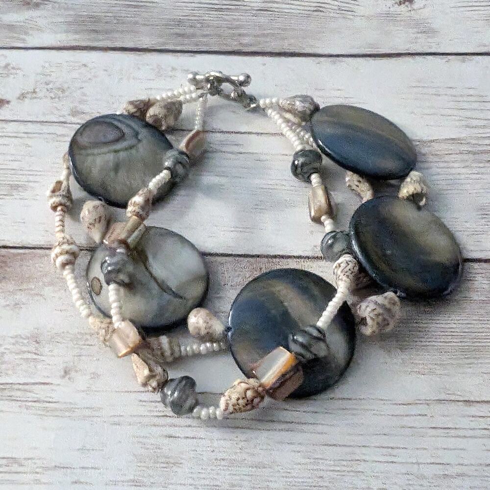 Vintage Bracelet Unusual Chunky Statement Multi Row Shell & Circle Design